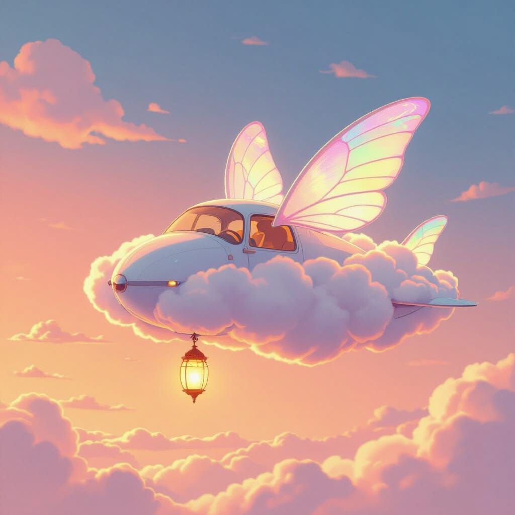 Whimsical Cloud Vehicle with Butterfly Wings in Pastel Sky
