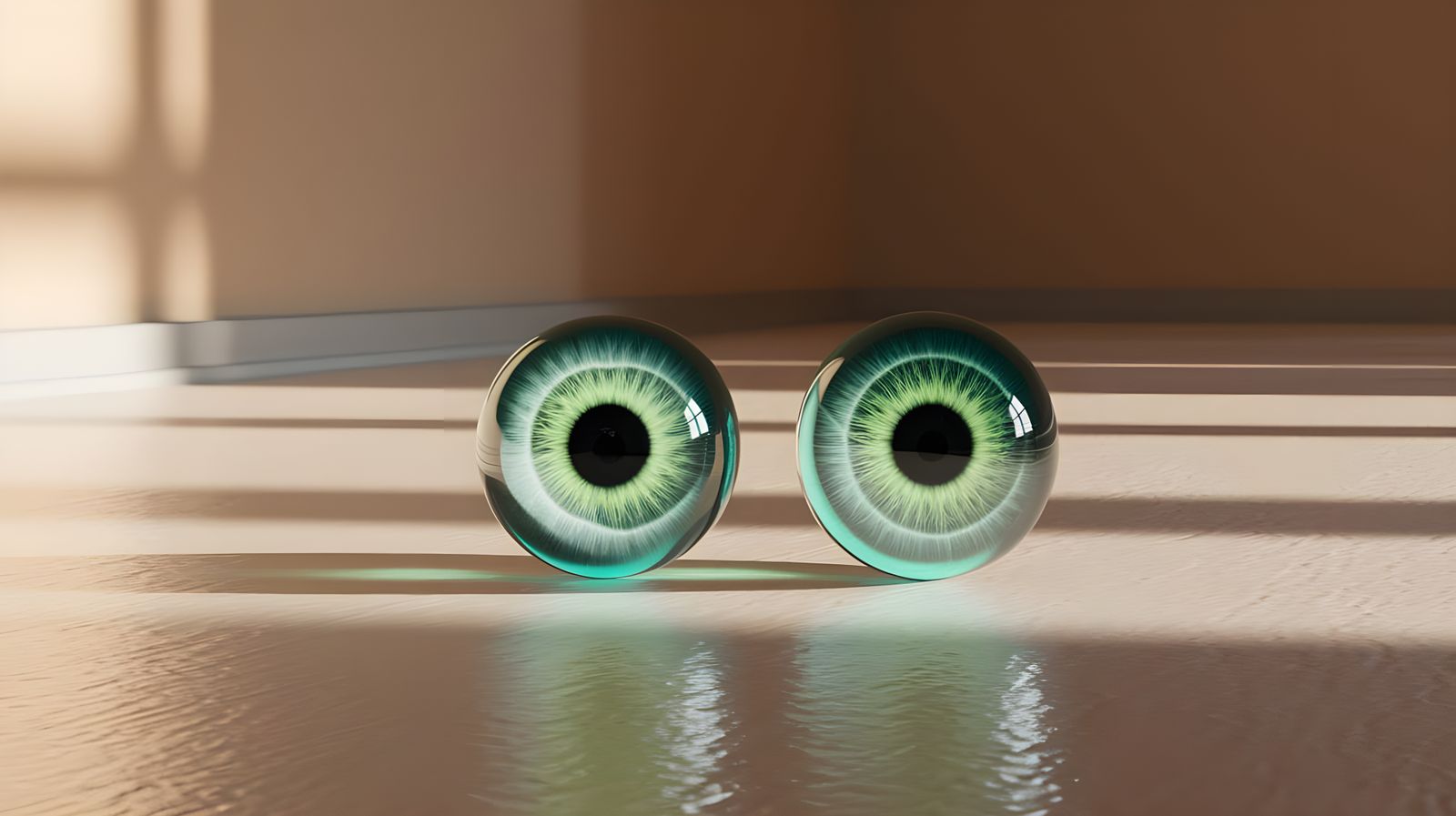 Ethereal Green Eyes Shine on a Sterile Floor