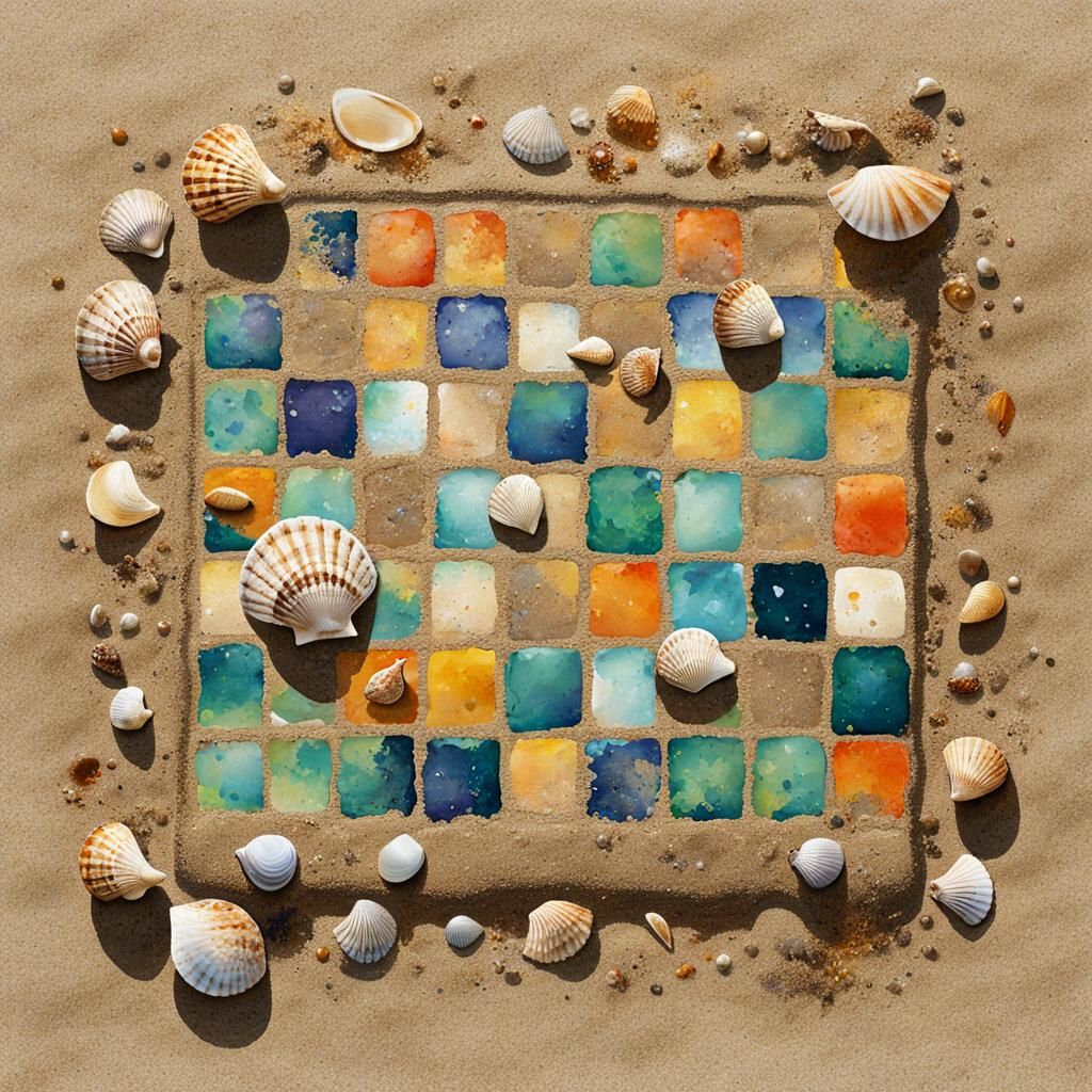 Seashell Chessboard on Beach in Gouache Style