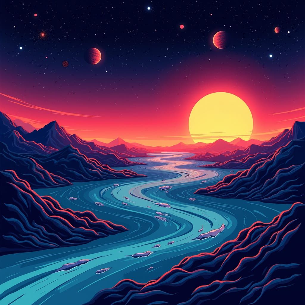 Cosmic Landscape with Radiant Sun and Simplified Earth