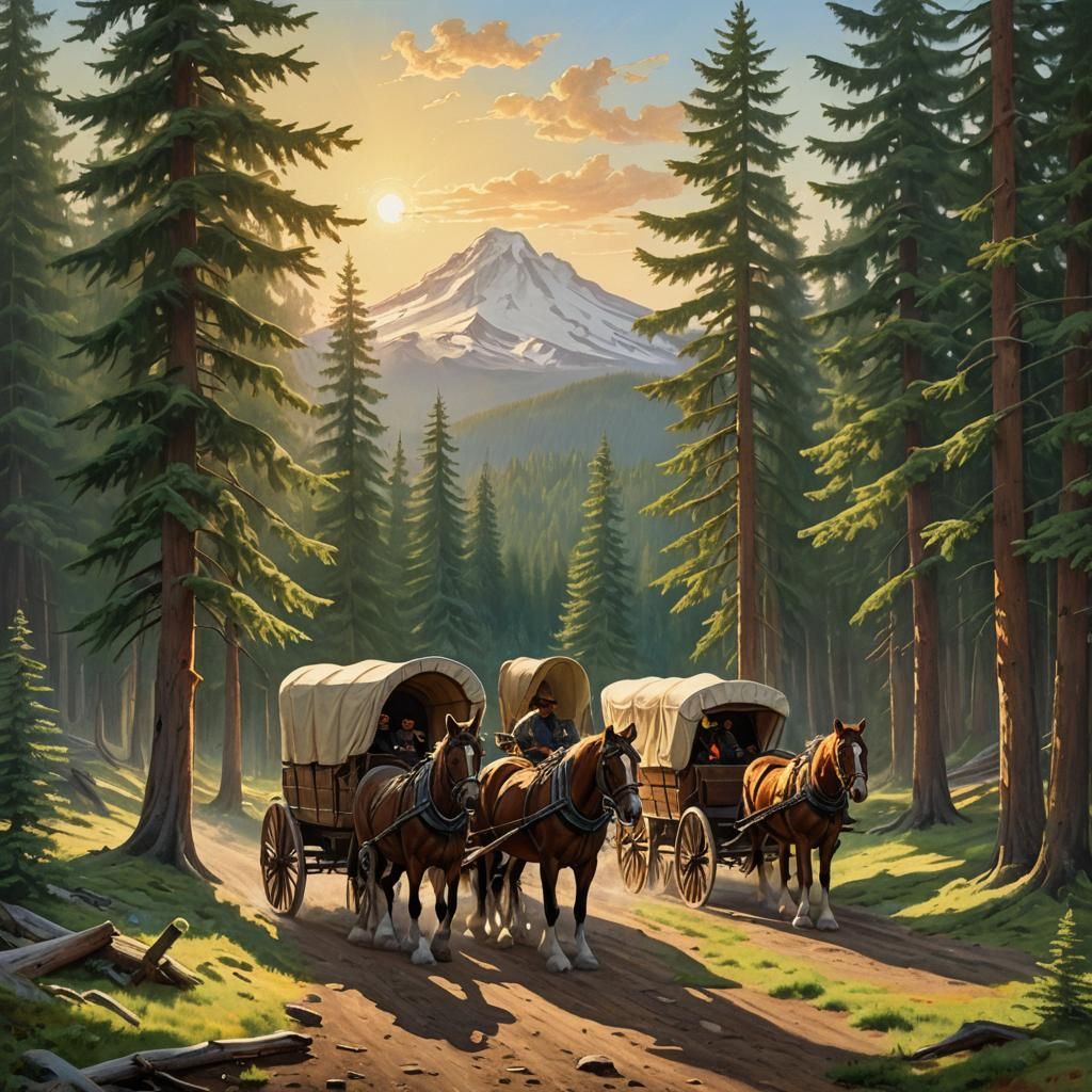 Pioneer Wagons in Oregon Forest: Oil Painting