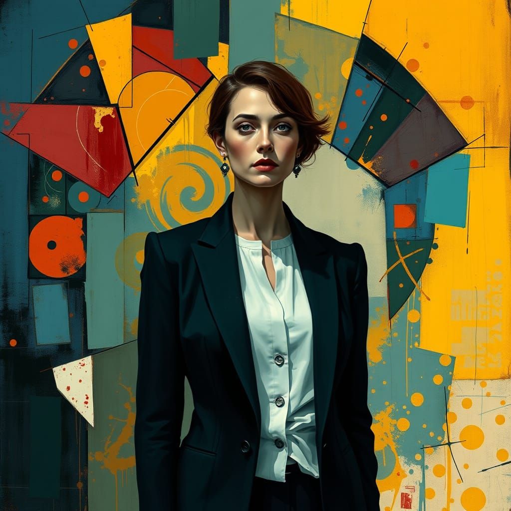 Solemn Woman Amidst Abstract Expressionist Divorce Landscape