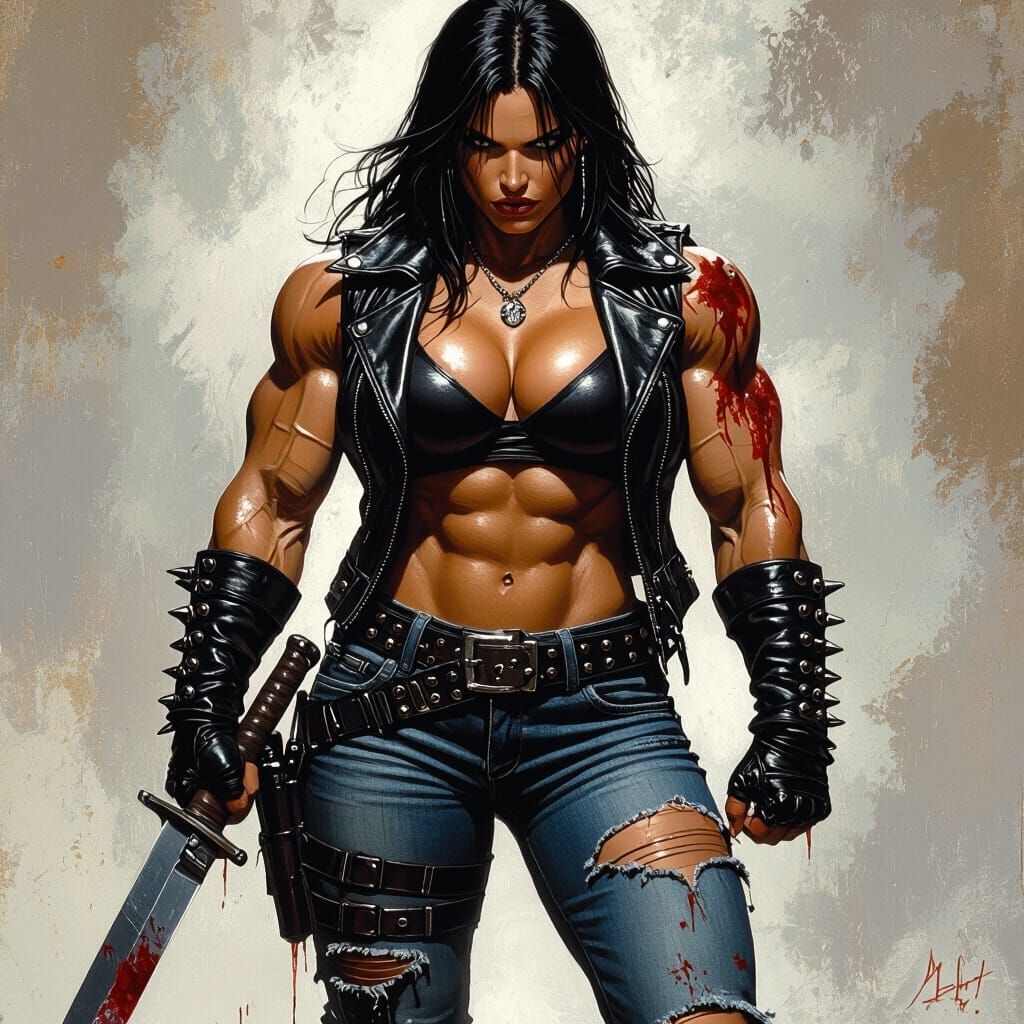 Rugged Biker Woman With Machete in Gritty Style