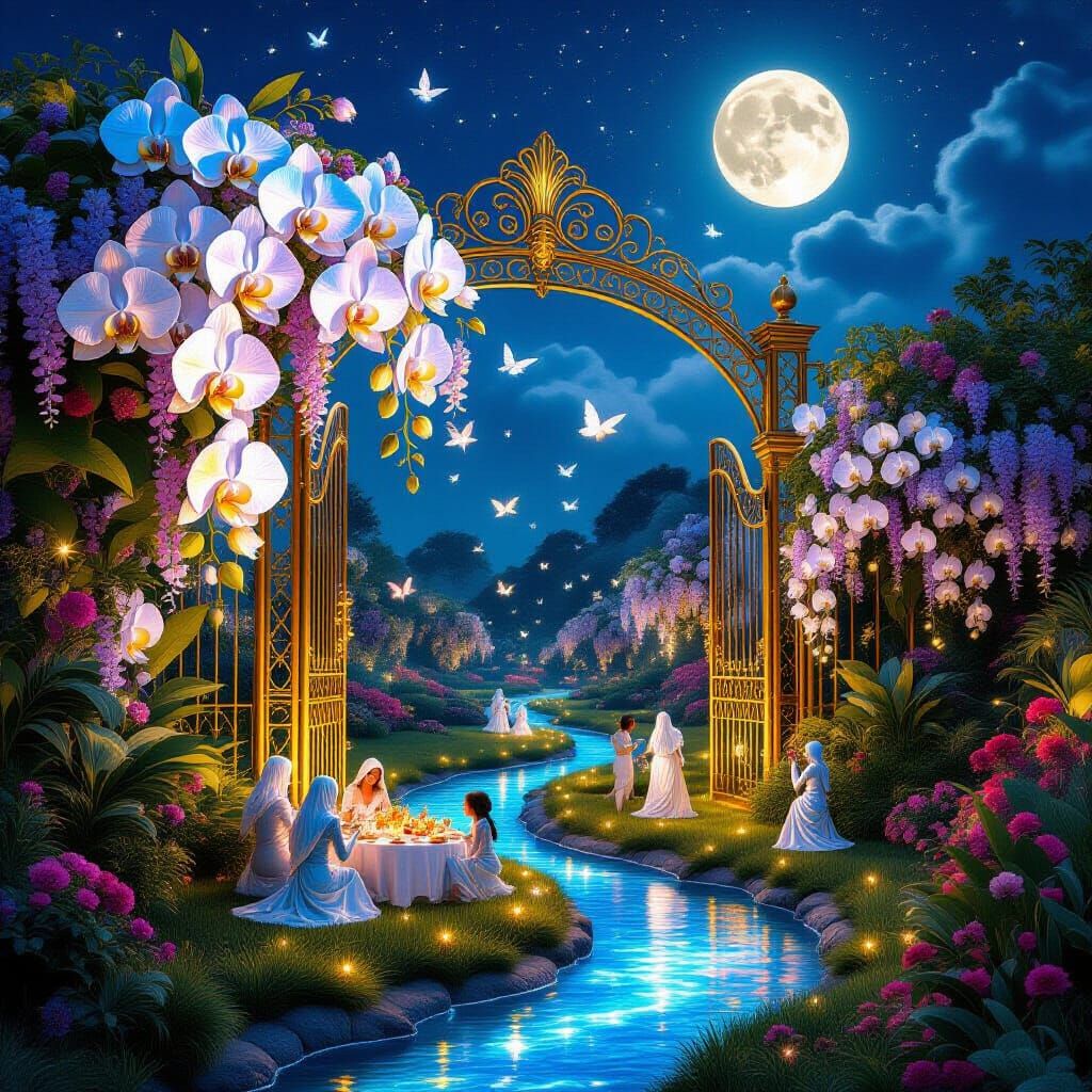 Enchanted Garden with Golden Gate and Glowing Birds