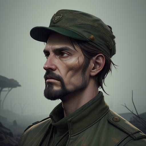 Weathered Warrior in Camouflage Regalia