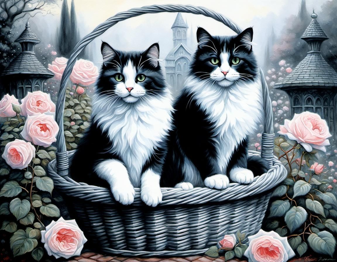 Fluffy Cats in Basket Near Rose Bush, Oil Painting