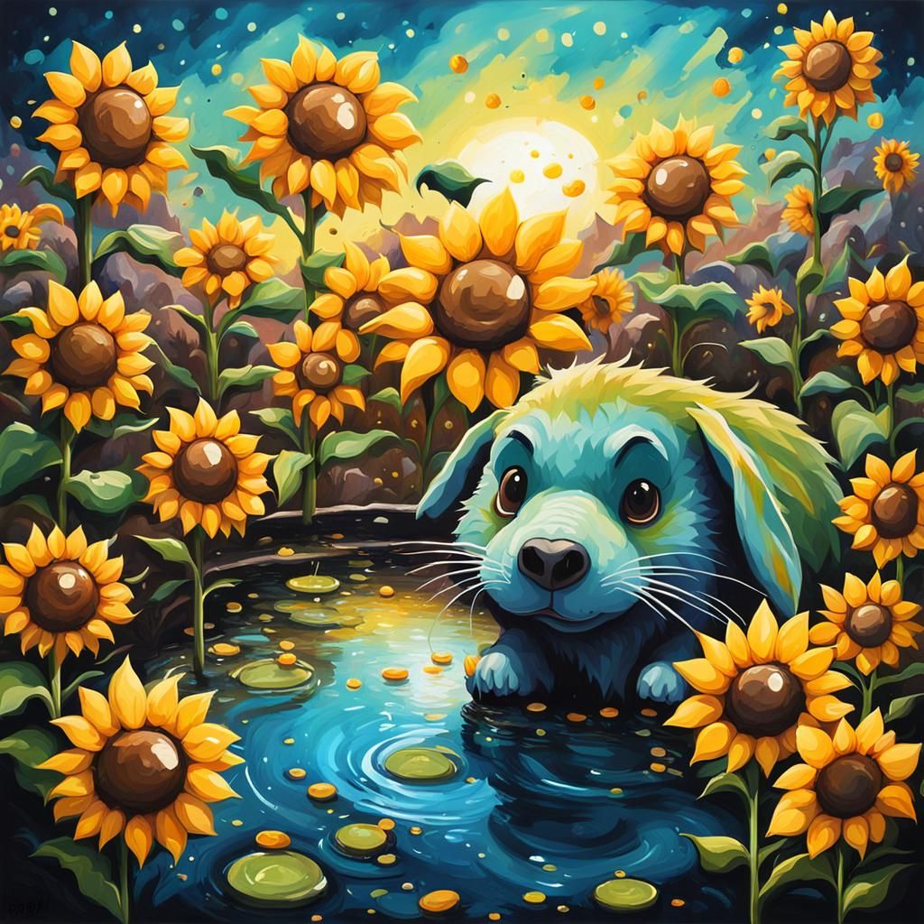 Cute Sunflower Animals Overlooking Pond in Graffiti Style