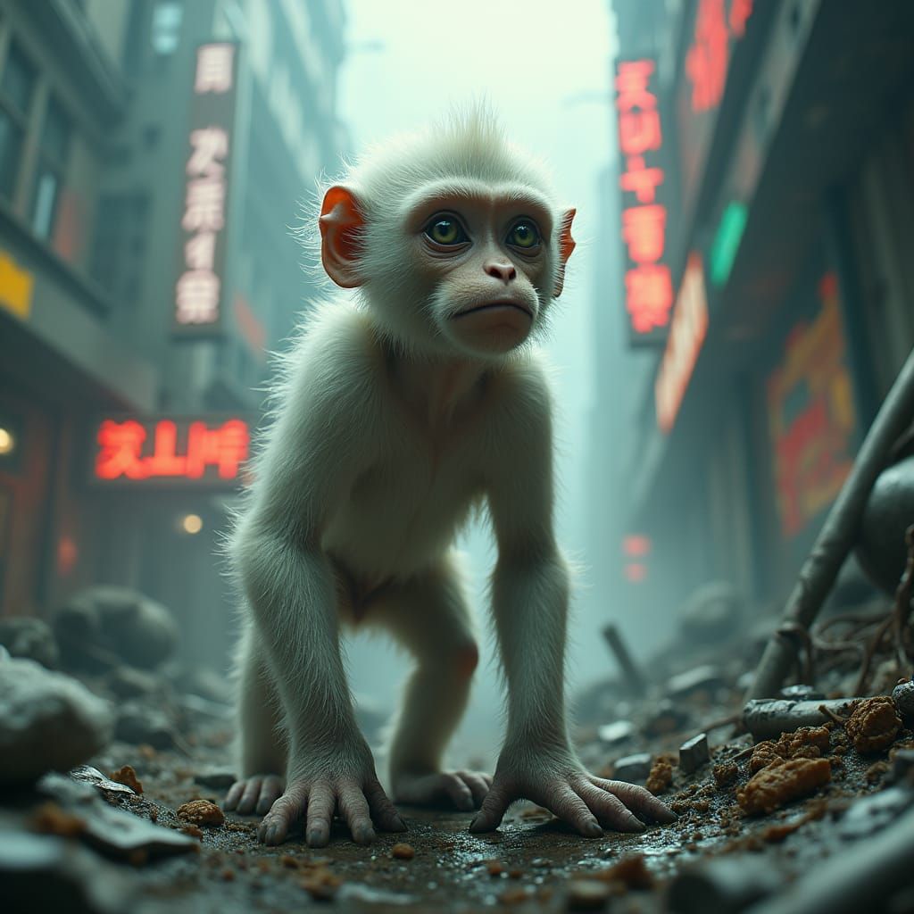 White Macaque in Dystopian Sci-Fi Landscape
