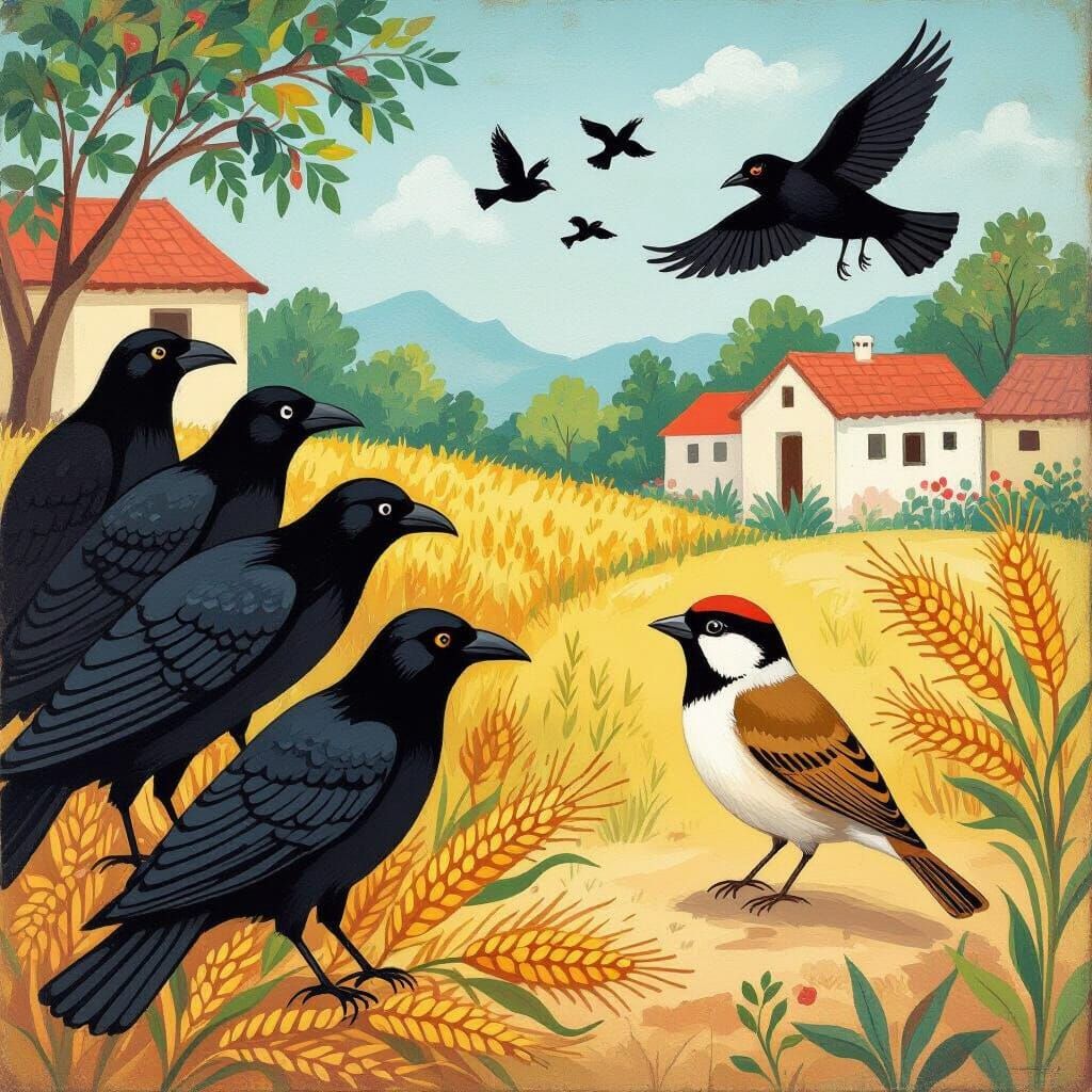 Innocent Sparrow's Tale in Folk Art Style