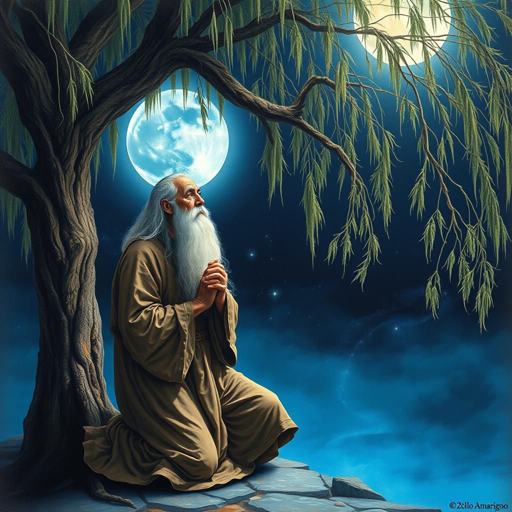 Mystical Old Man Under Willow Tree in Moonlight