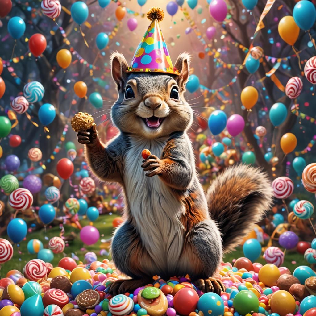 Cartoon Squirrel Celebrates in Candyland Fantasy Art
