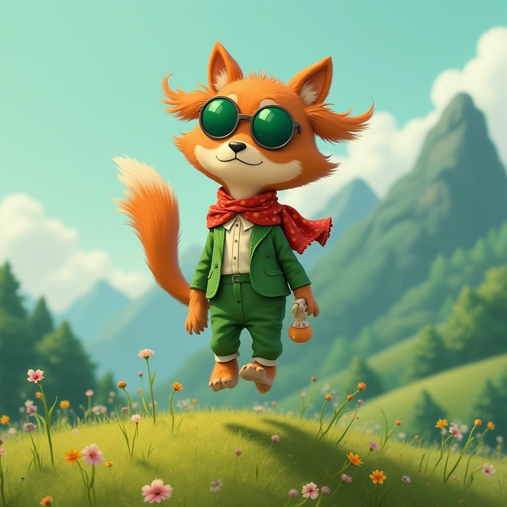 Joyful Brown Dog in Miyazaki Style Mountain Scene