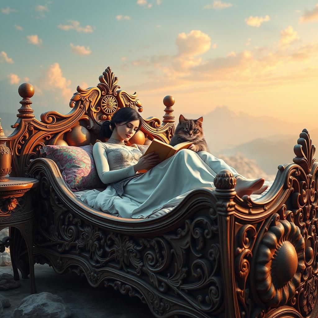 Woman and Cat in Sun and Moon Bed