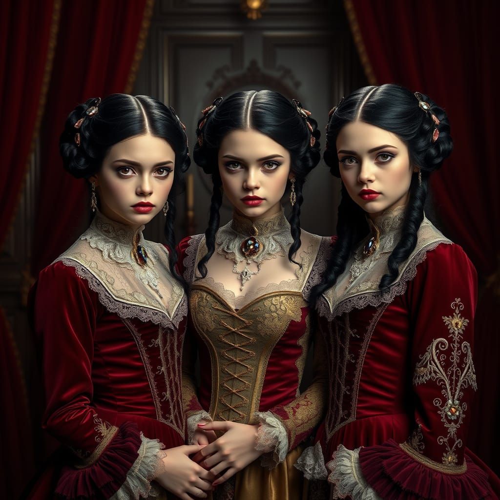 Ethereal Victorian Vampire Triplets in Moody, Darkly Lit Cha...