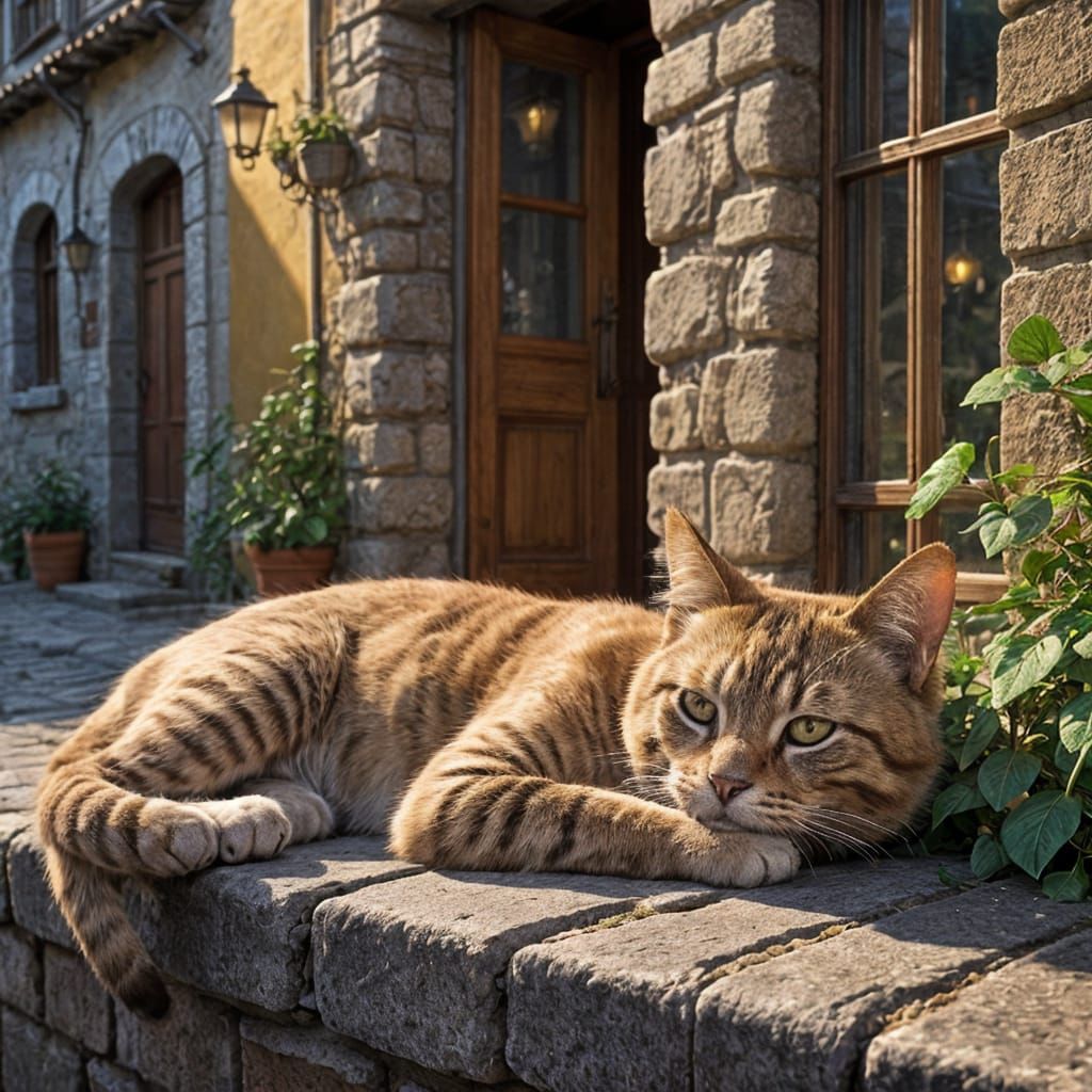 Cat Sleeps in Italian Village Golden Hour Hyper-Realistic Ar...