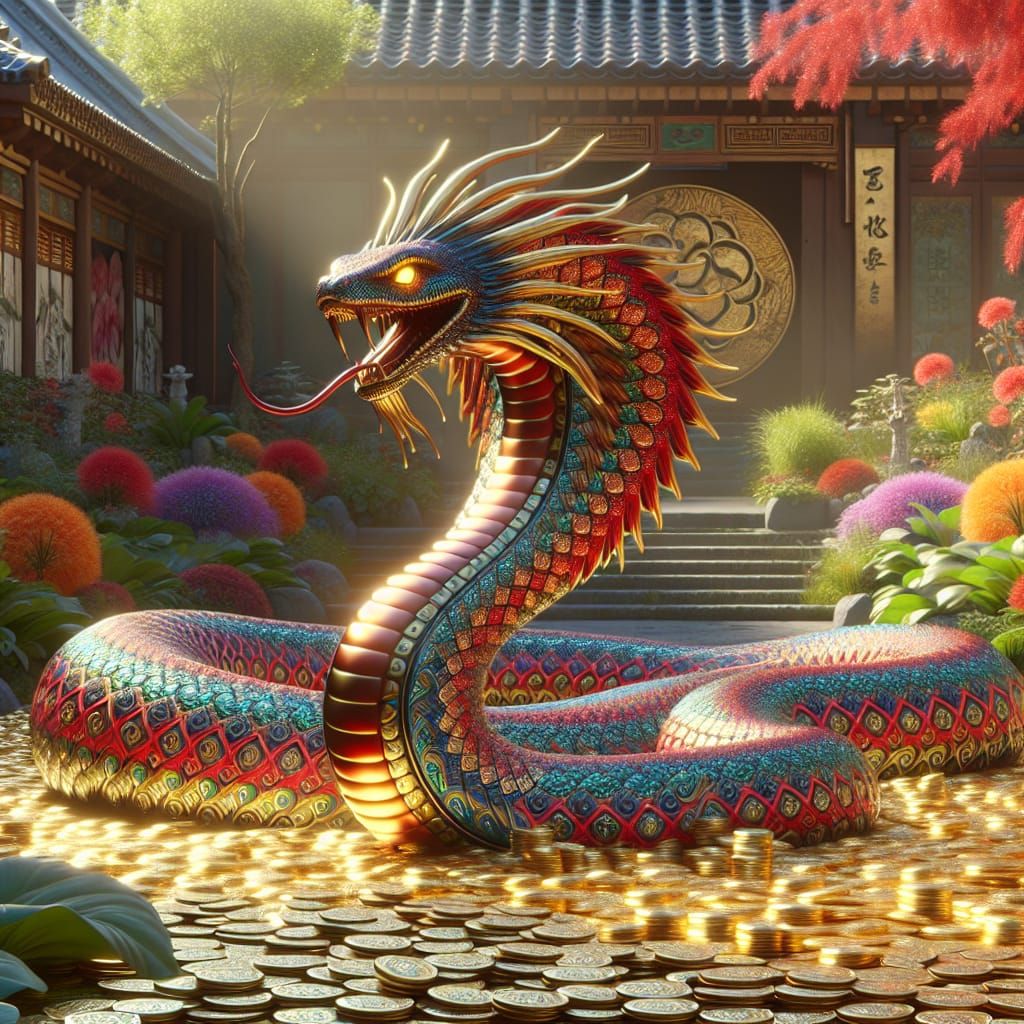 Golden Serpent in Zen Garden: Digital Artwork
