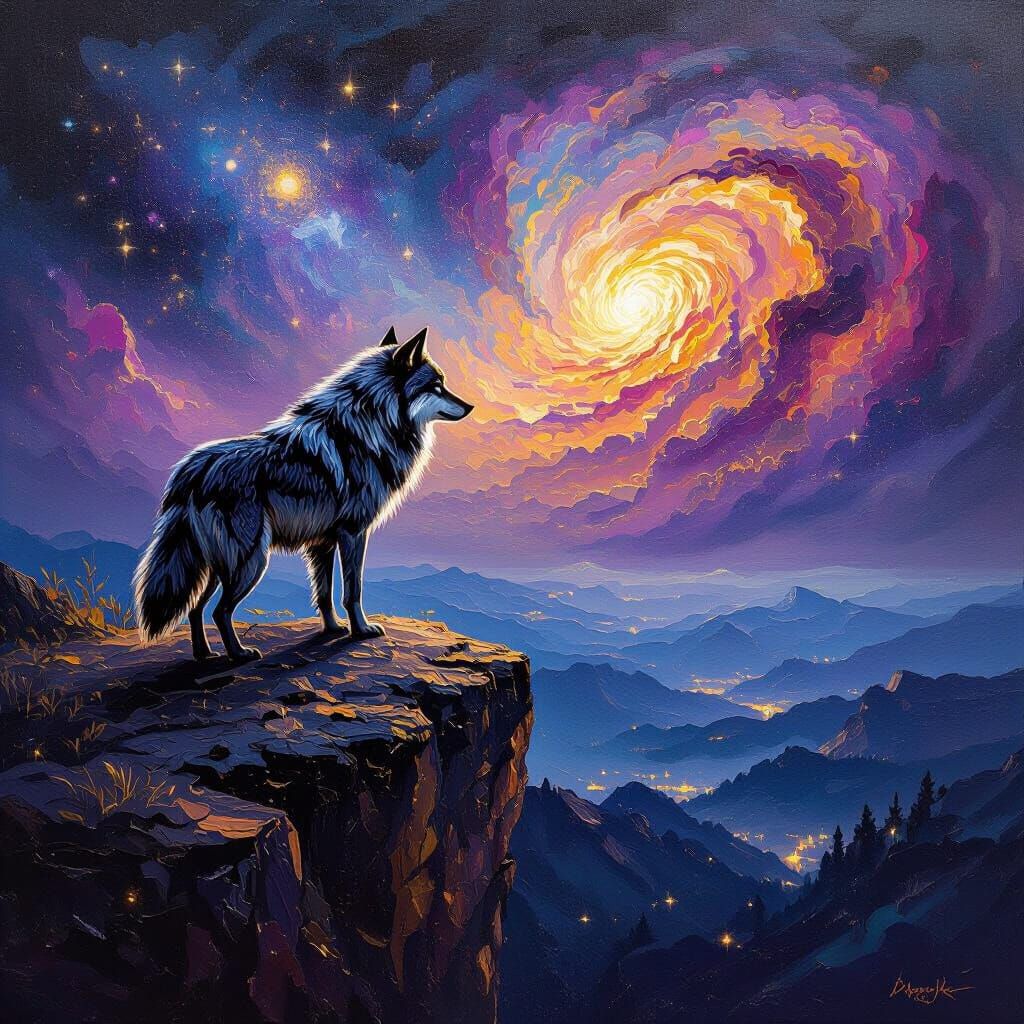 Lone Wolf Gazes at Cosmic Nebula Sky in Oil Painting Style