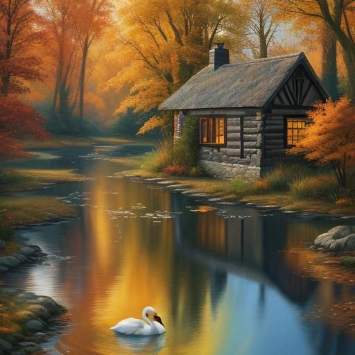 Autumn River Swan Reflection in Splash Art Style