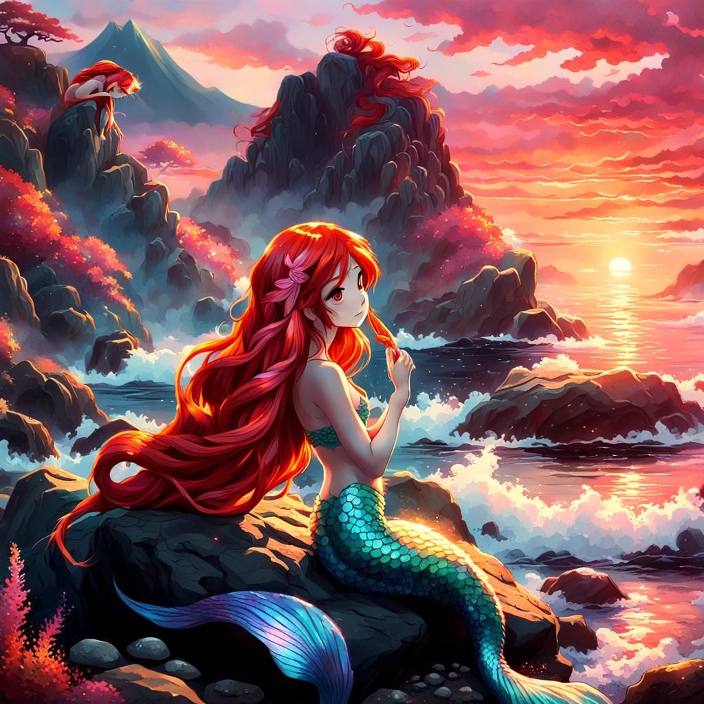 Anime Mermaid Begging on Rock in Sunset