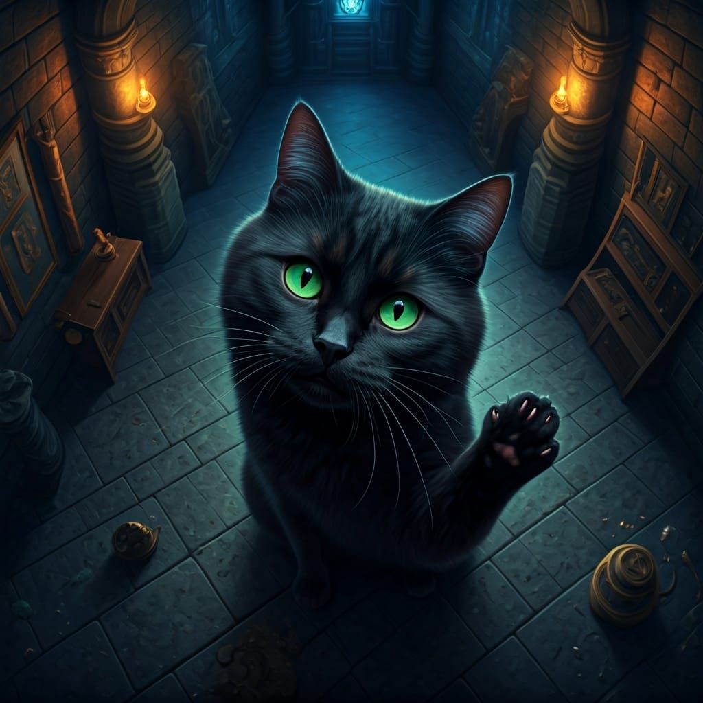Black Cat in Wizard Castle, Whimsical Art