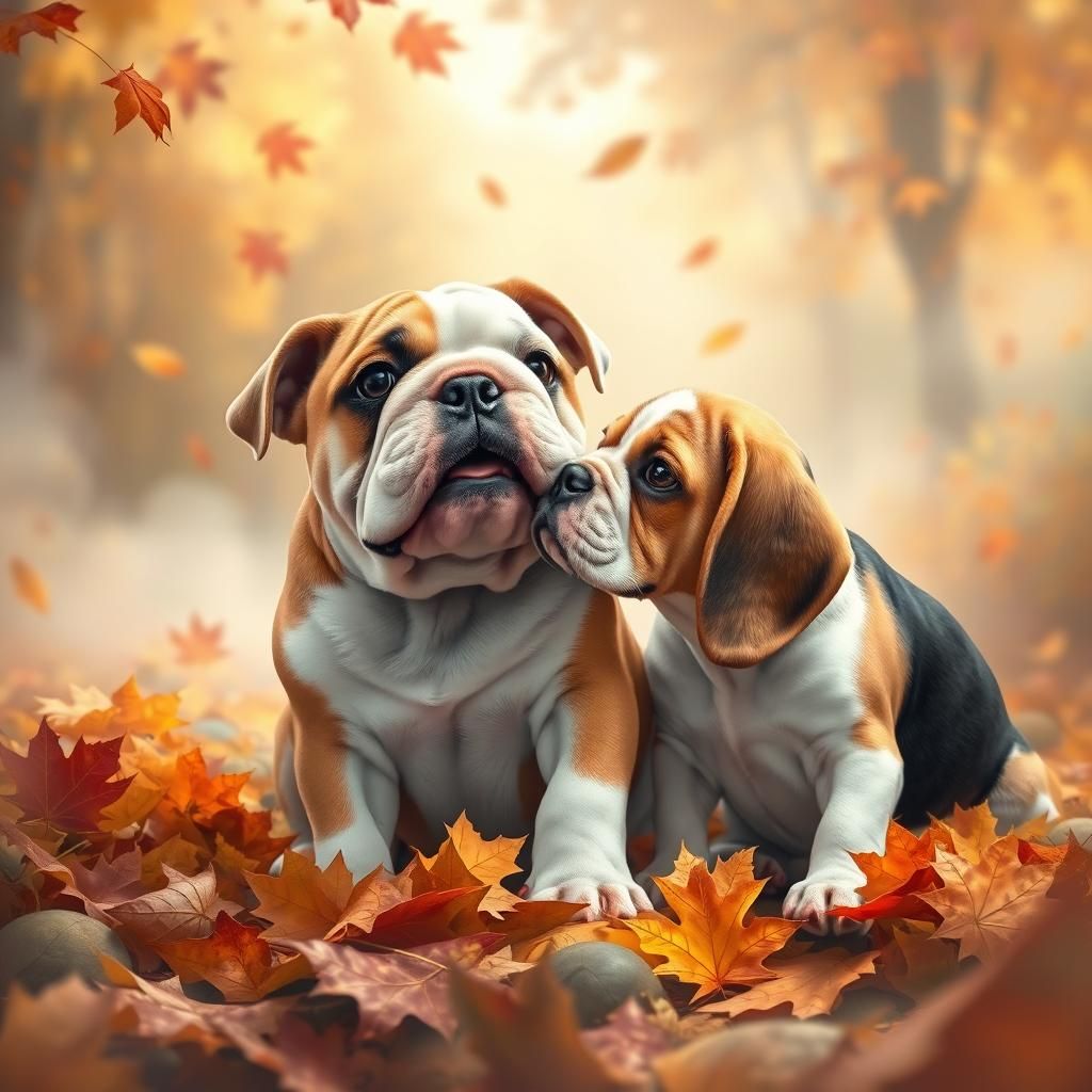 Bulldog Puppy and Beagle in Autumn Leaves