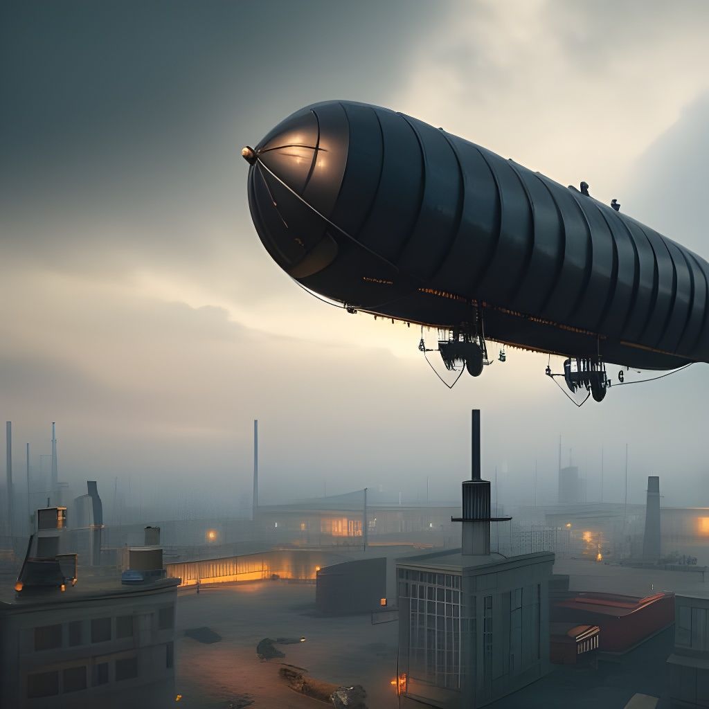 Steampunk Combat Airship in Dystopian Landscape