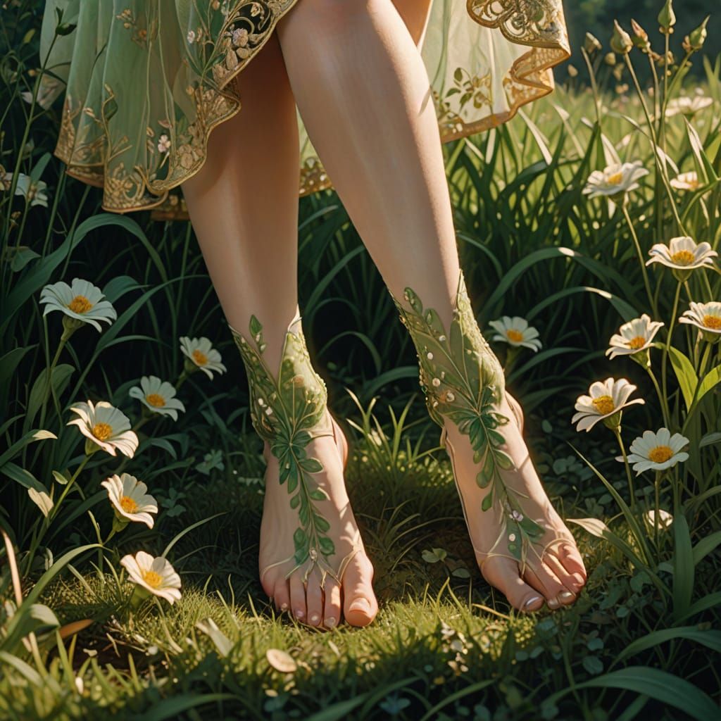 Woman's Foot in Pantyhose Touches Blooming Grass