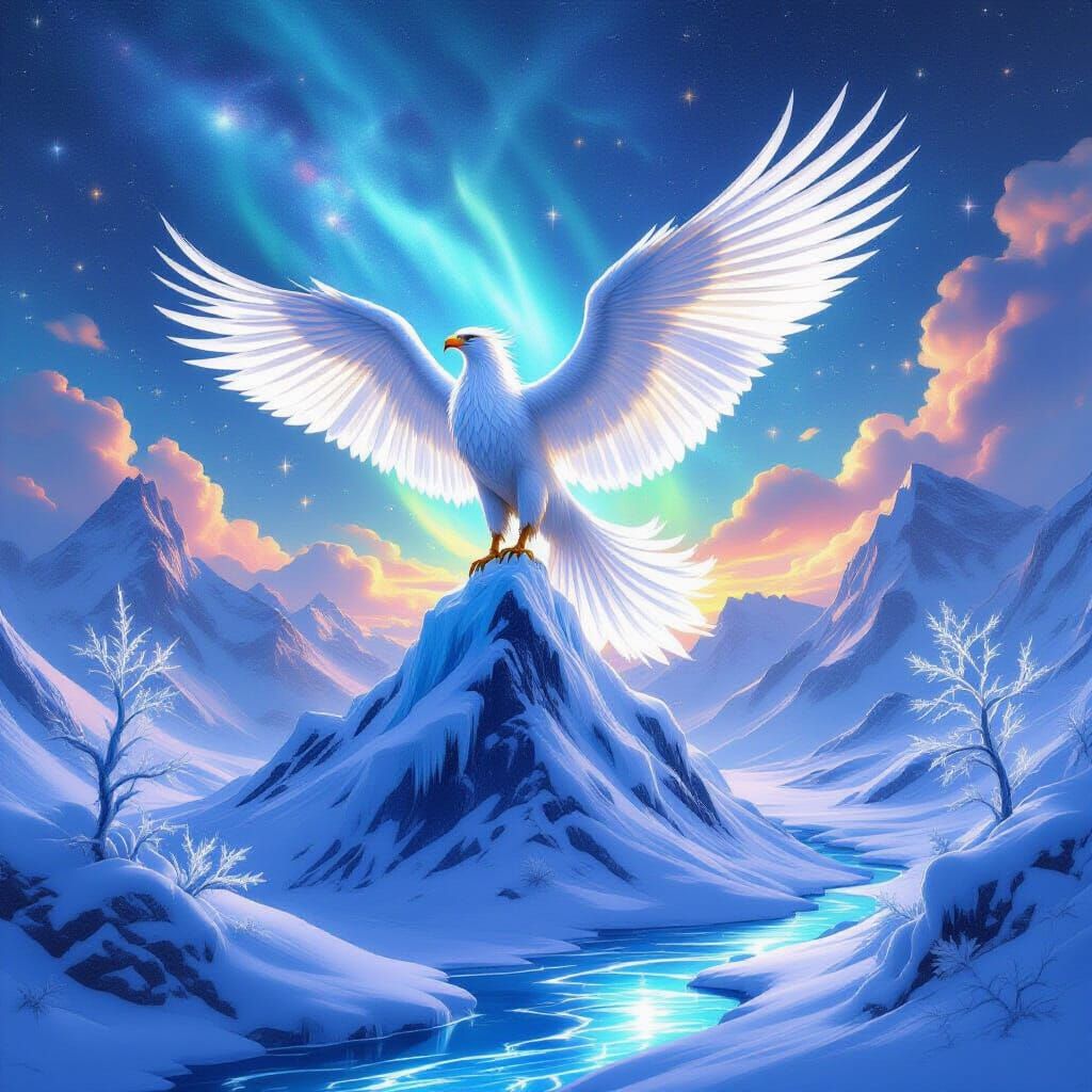 Majestic Griffin in Aurora Feathers on Icy Peak