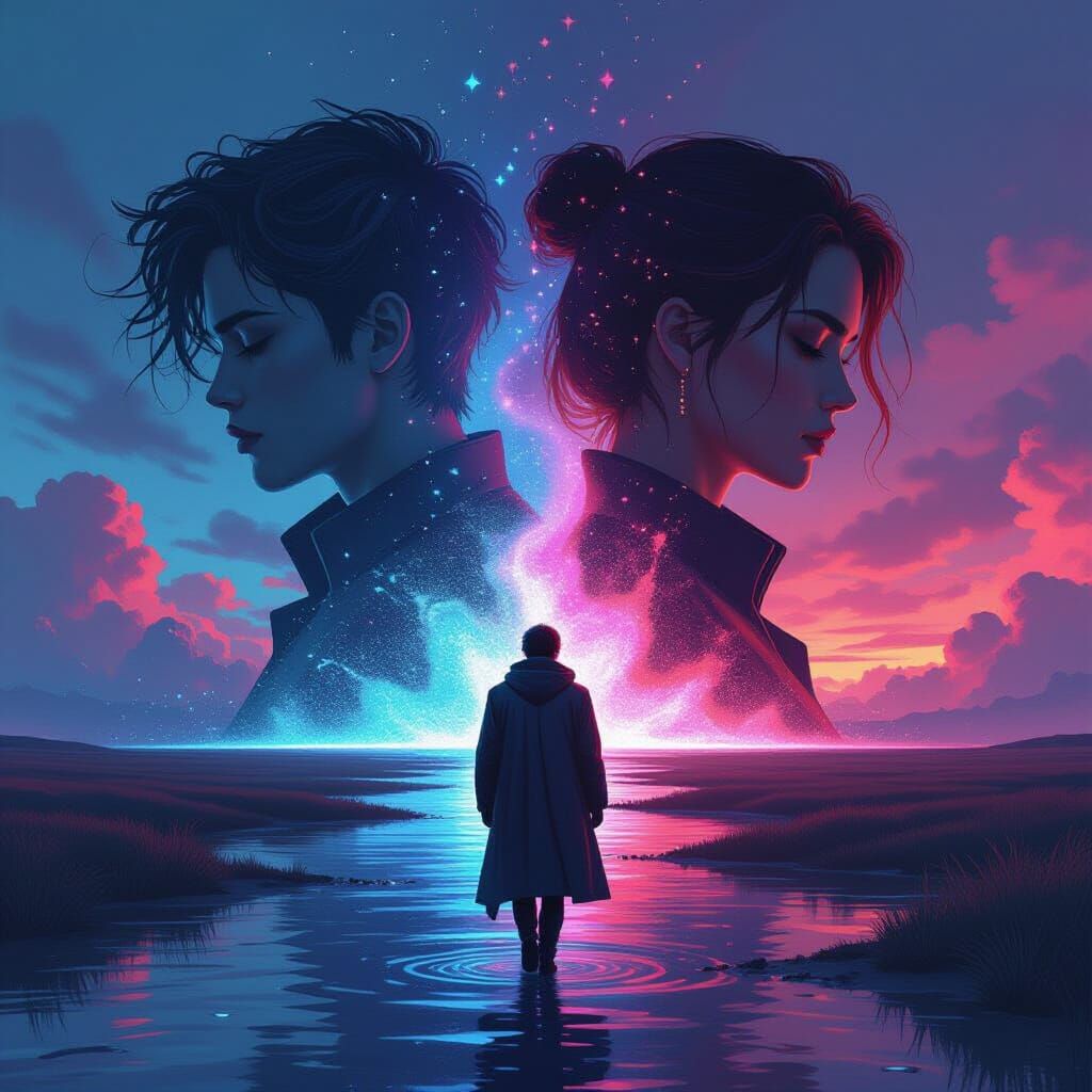 Fantasy Figure Dissolving into a Dystopian Future