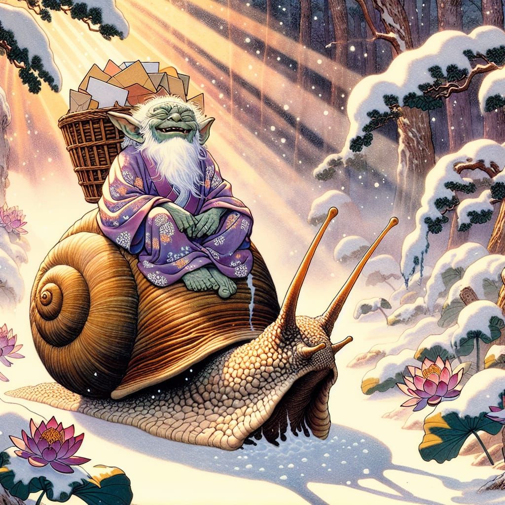 Serene Gremlin Rides Tranquil Snail in Japanese Garden