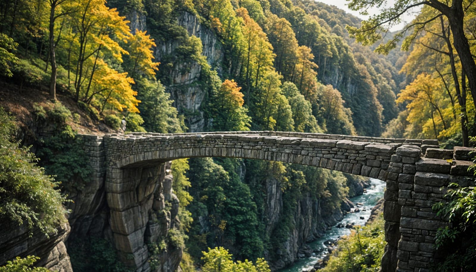 Graceful Stone Bridge Over Deep Forest Gorge