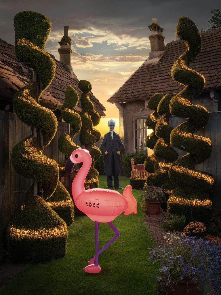 Steampunk Garden with Goth Flamingo Topiary