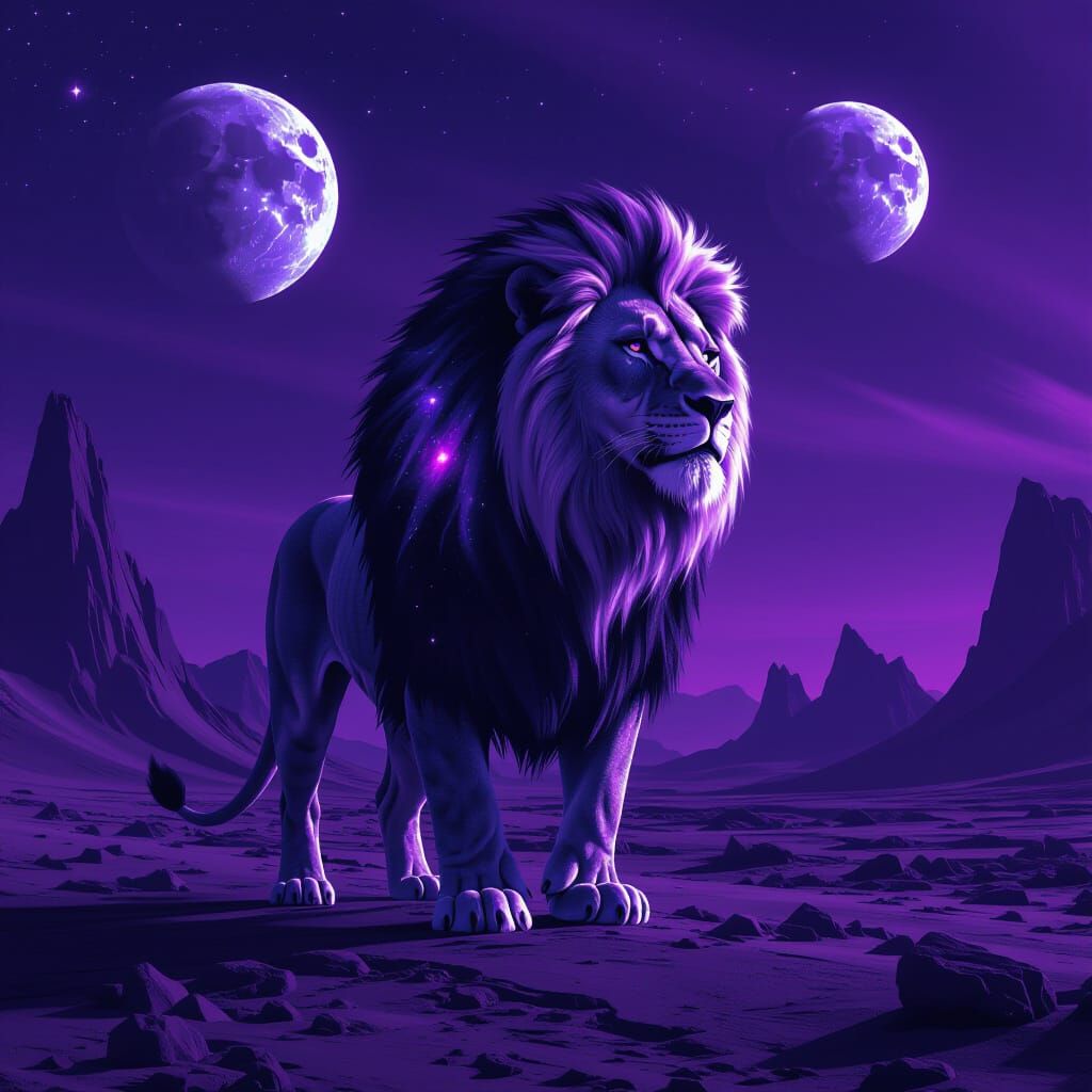 Cosmic Lion on Alien Planet in Giger Brutalist Style
