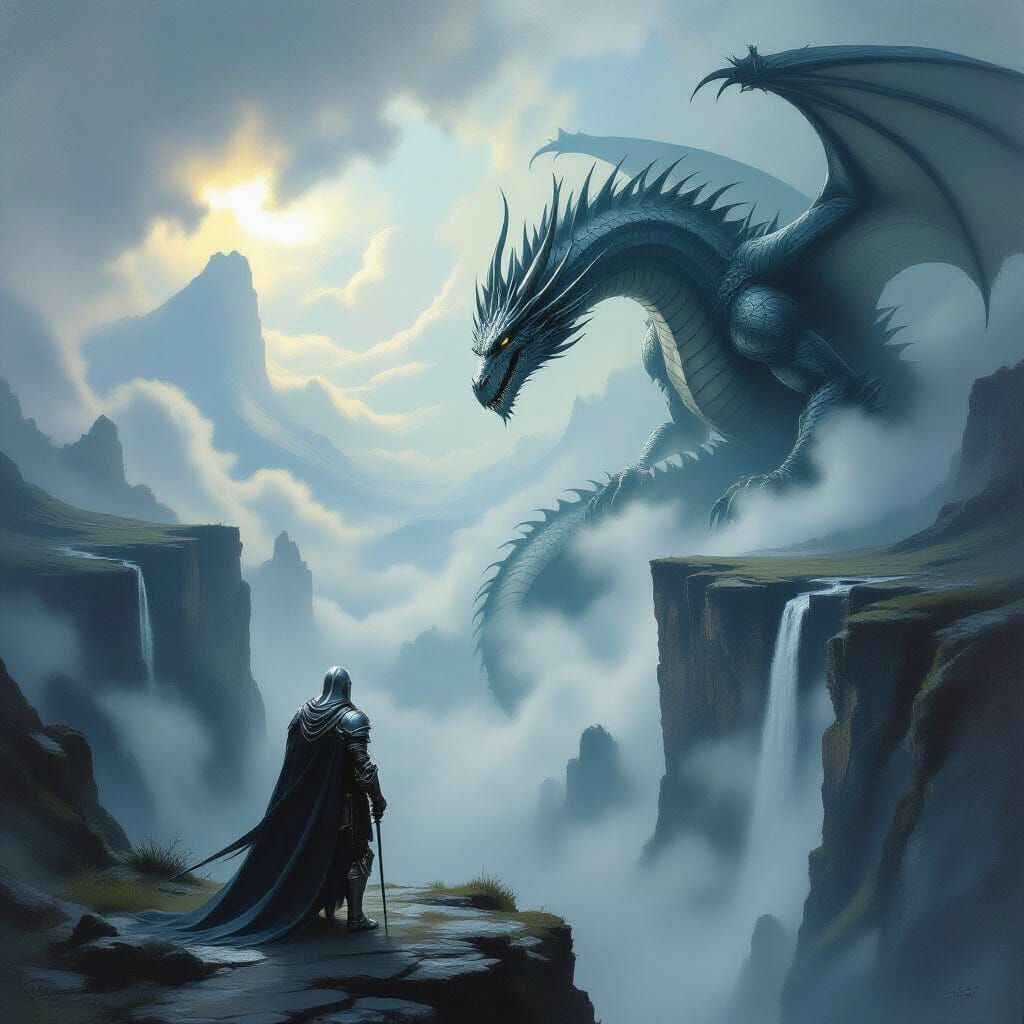 Knight Confronts Dragon at Chasm Edge Oil Painting