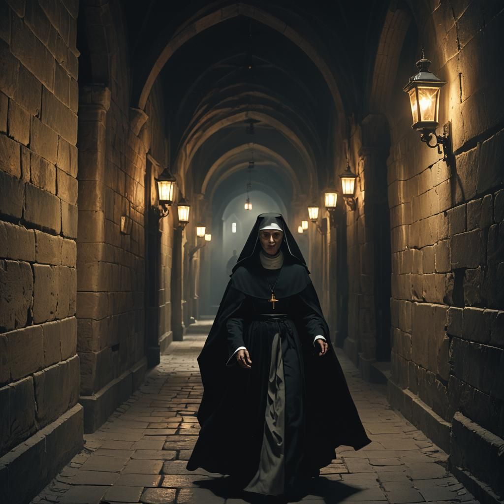 Demonic Nun in Abbey: Dark Fantasy Film Still