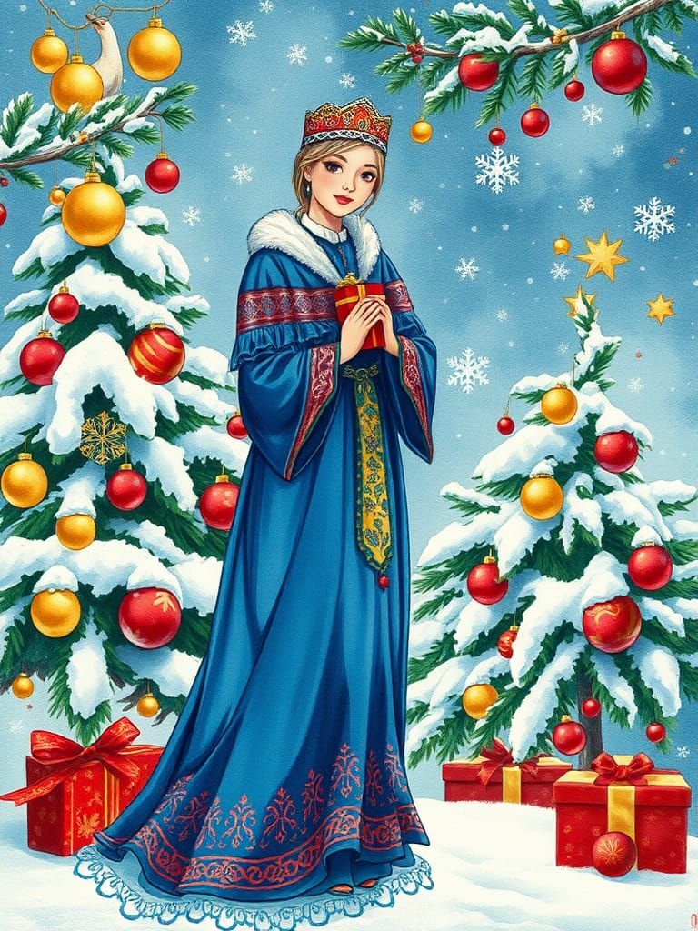 Slavic Snow Maiden Illustration in Vintage Style