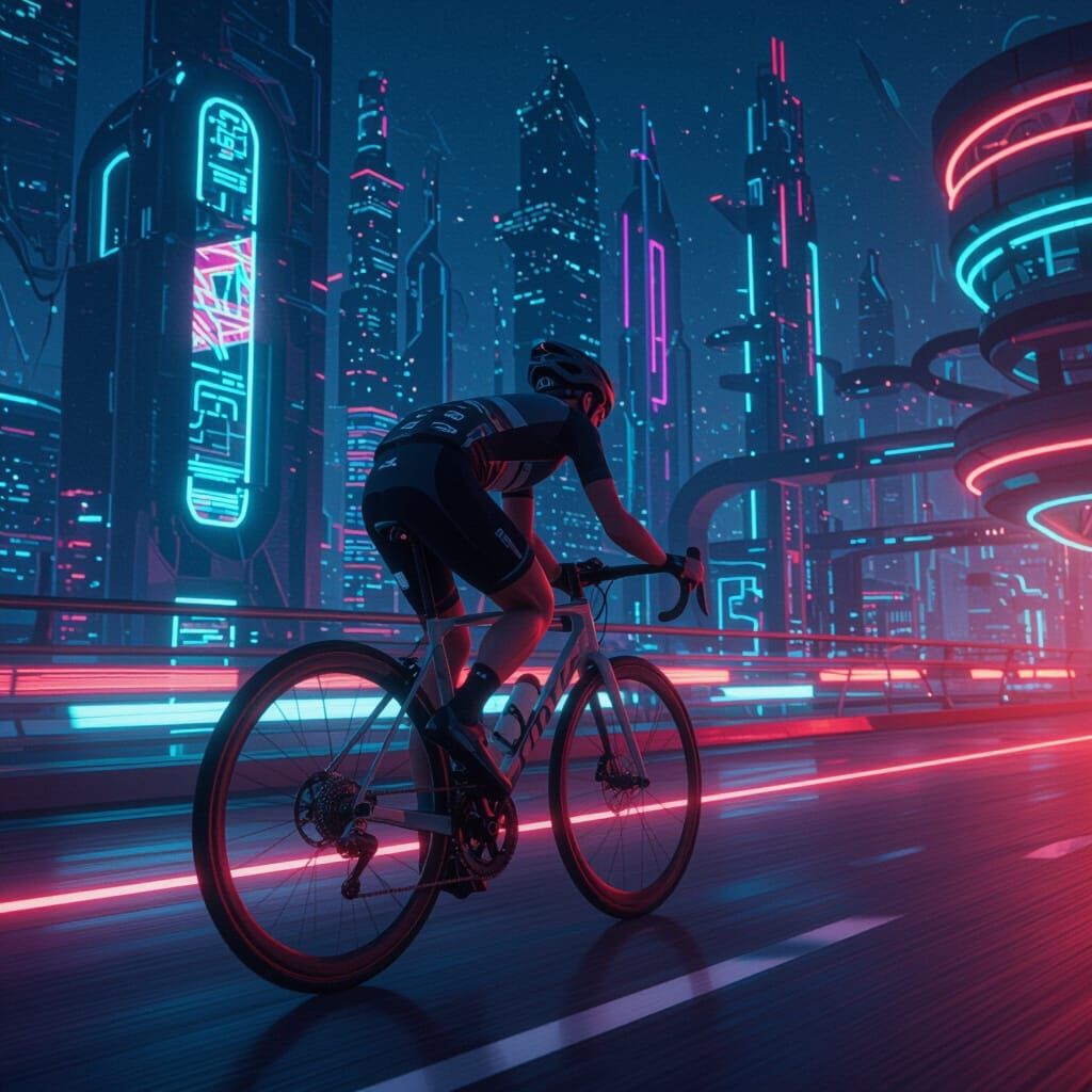 Cyclist Rides Neon Future: Digital Art by Syd Mead