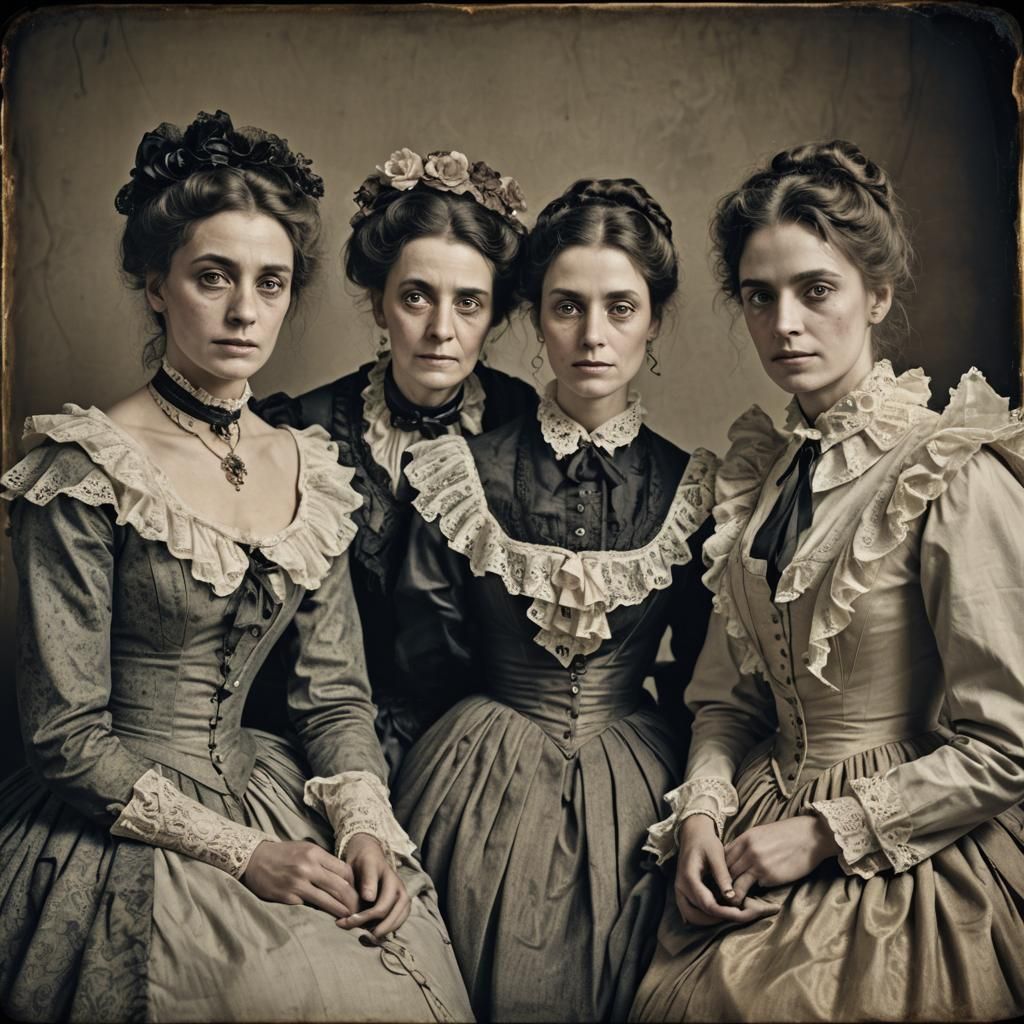 Victorian Women in Vintage Dresses, Old Photograph