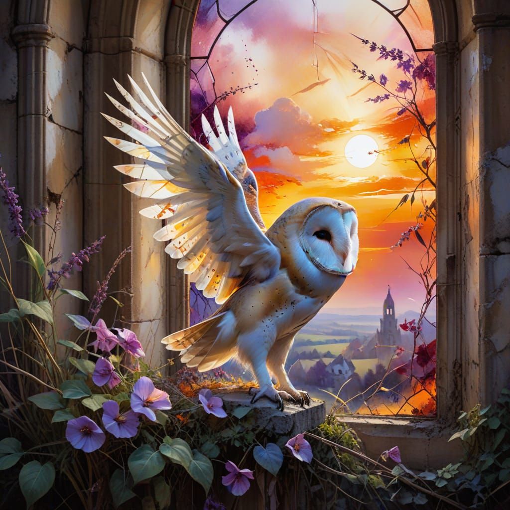 Barn Owl at Sunset in Ruined Church Window