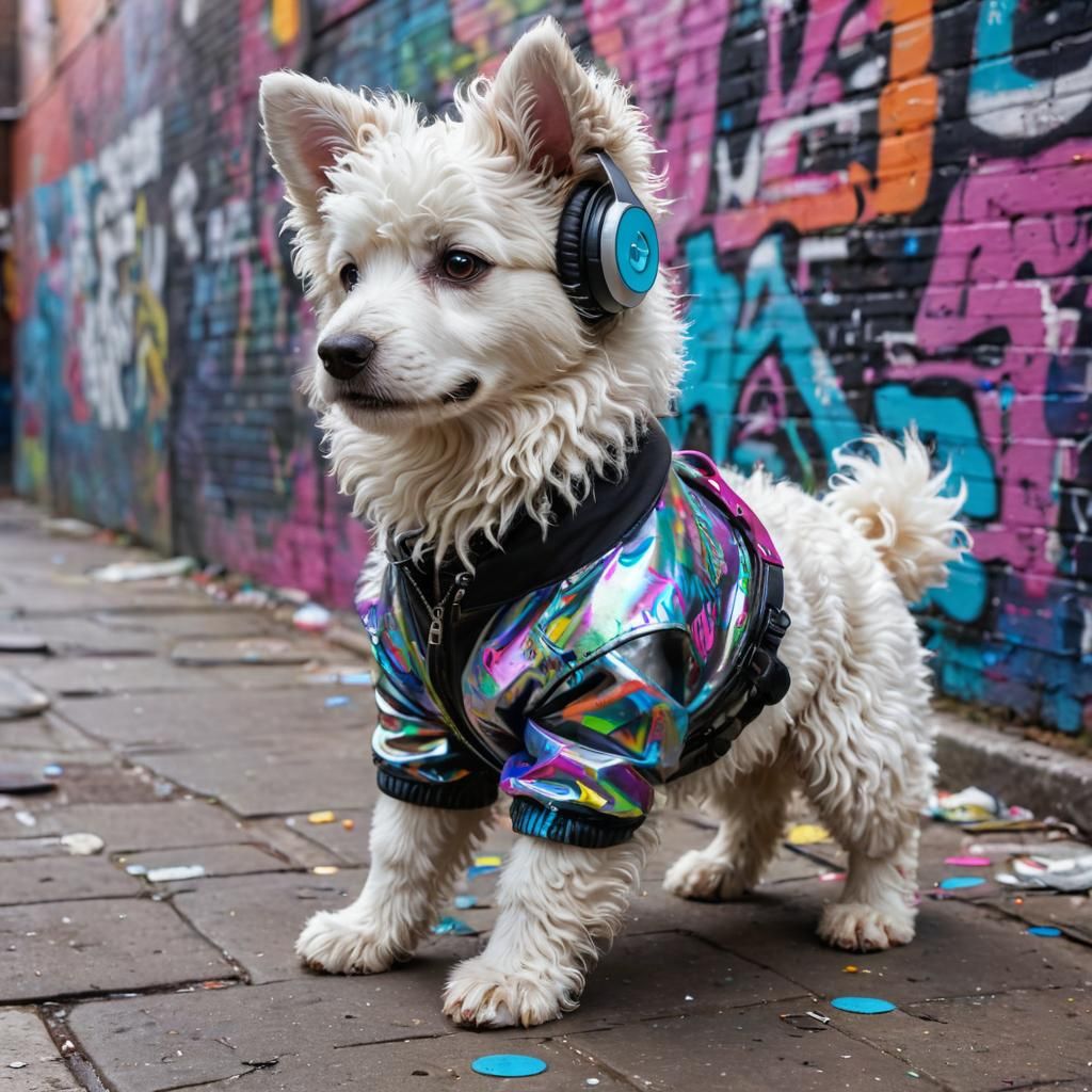 Neon Alley Puppy in Vibrant Street Art Style