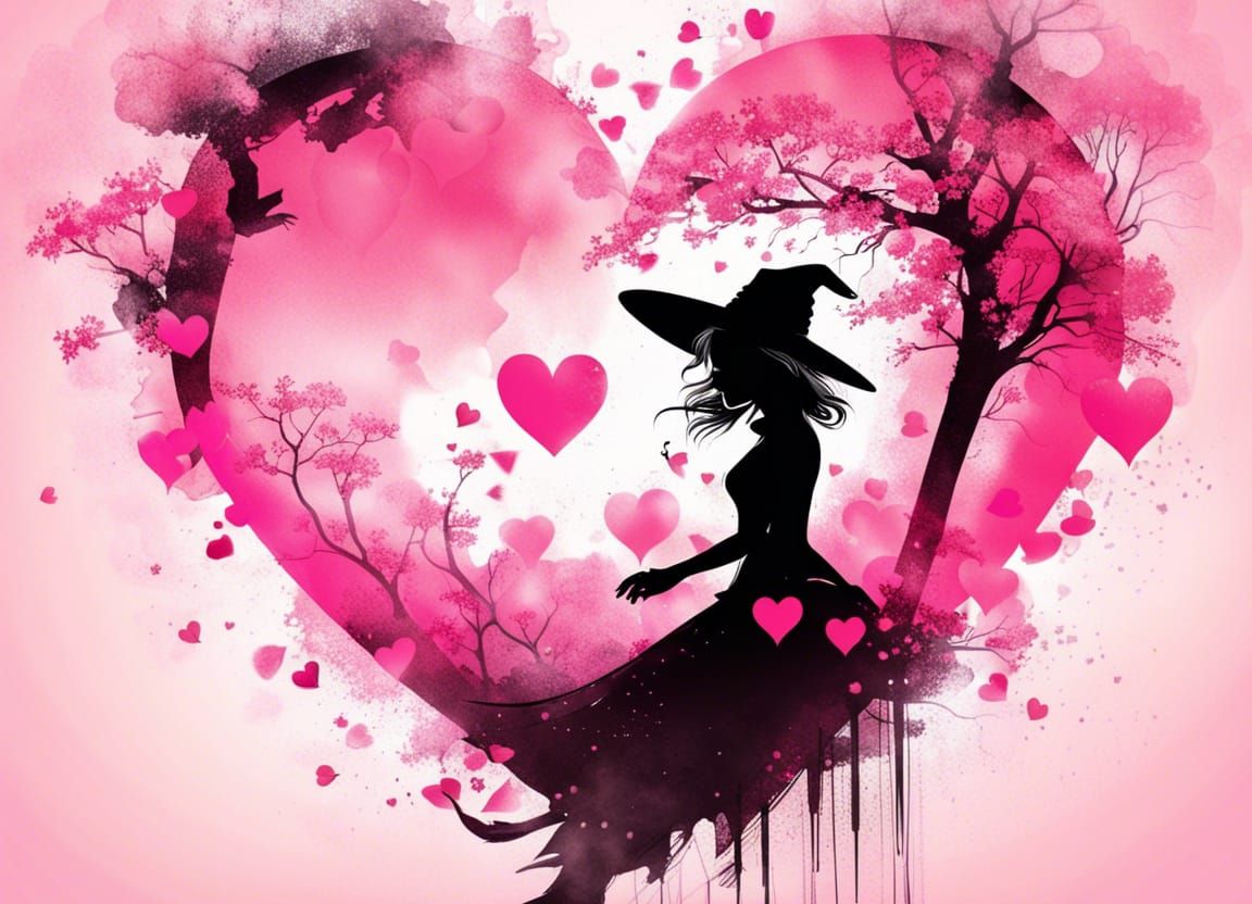 Radiant Witch Silhouette with Pink Blossoms