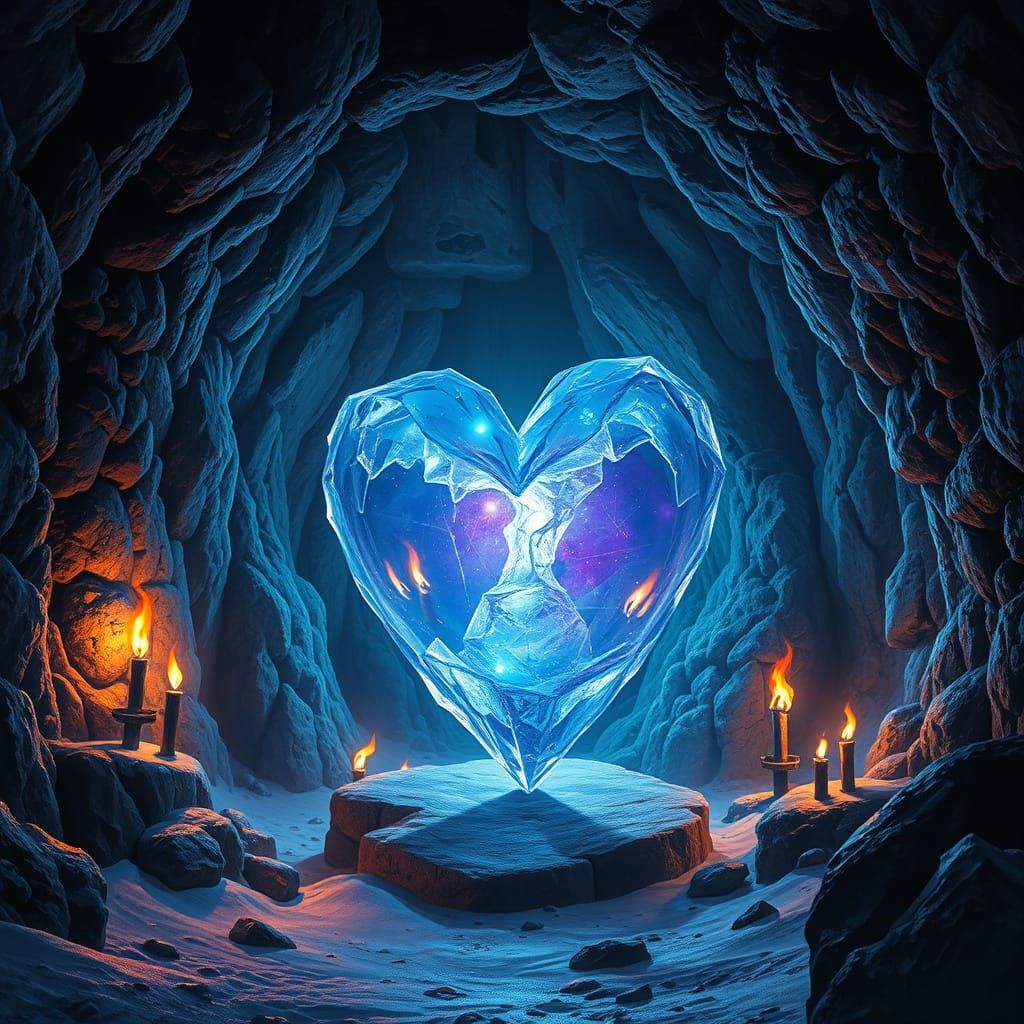 Dark Fantasy Heart in Ancient Ice Cavern