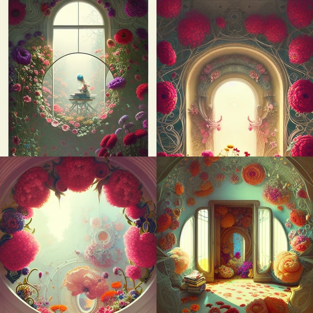 Isometric Floral Bedroom with Circle Window as Digital Art