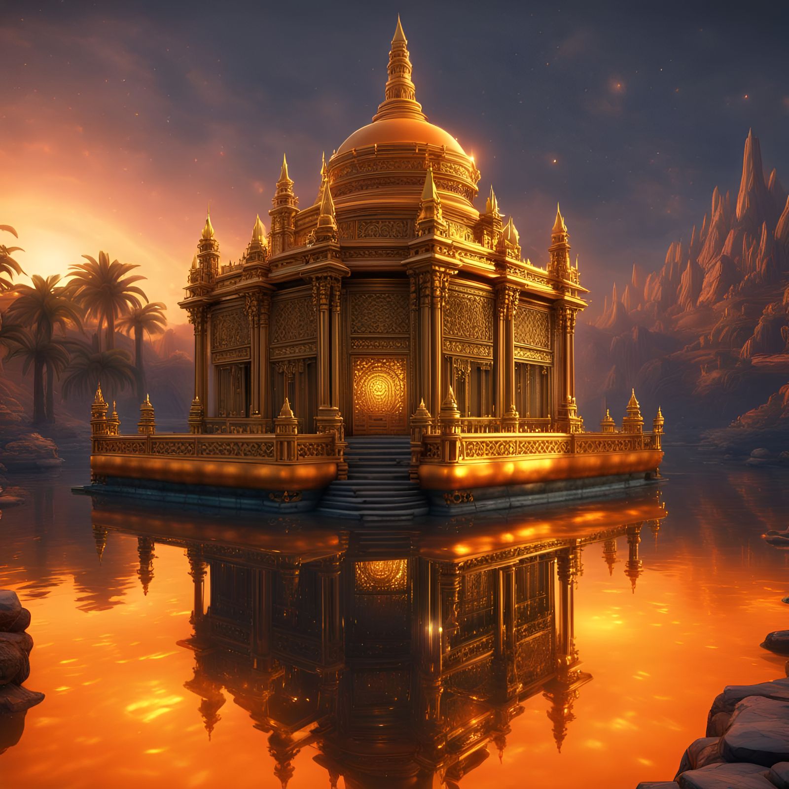 Luminescent Temple of Gold in Orange Light