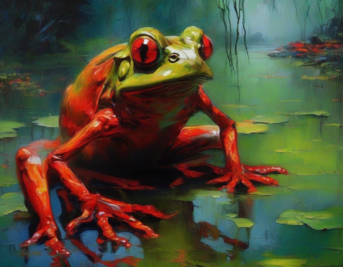 Surreal Alien Frog Confronts Human in Dark Fantasy Scene