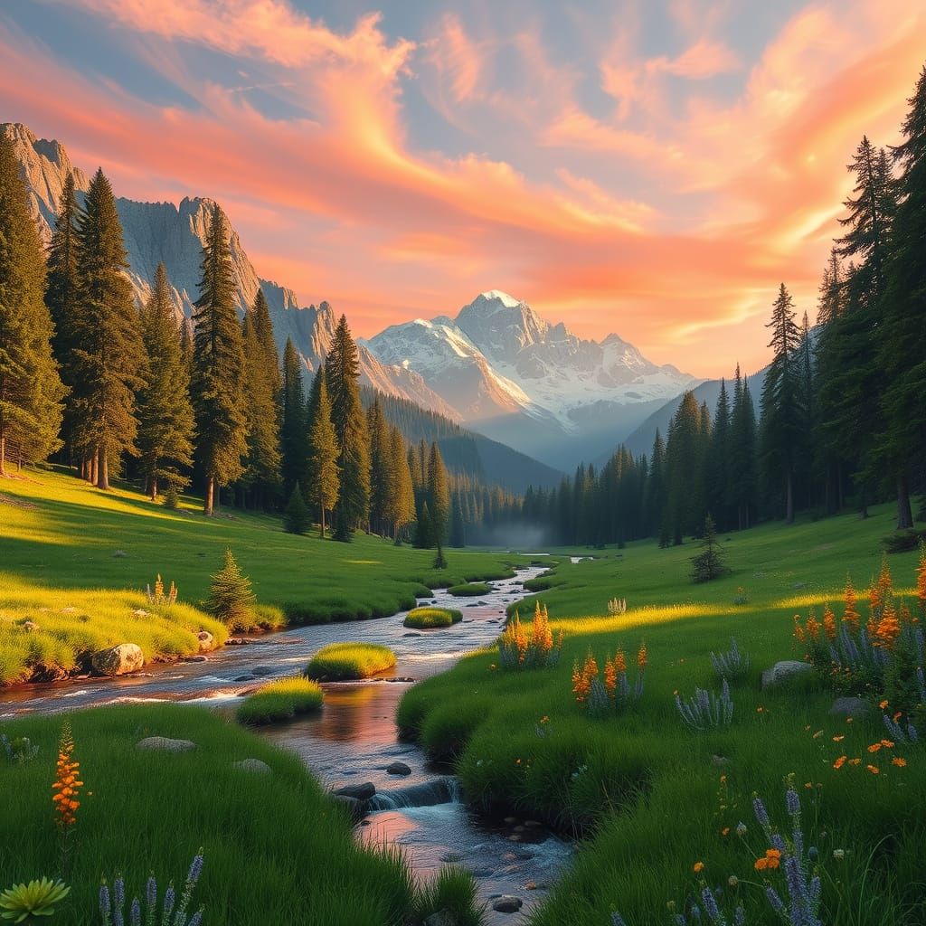Breathtaking Alpine Valley at Sunrise in a Romantic Realist ...
