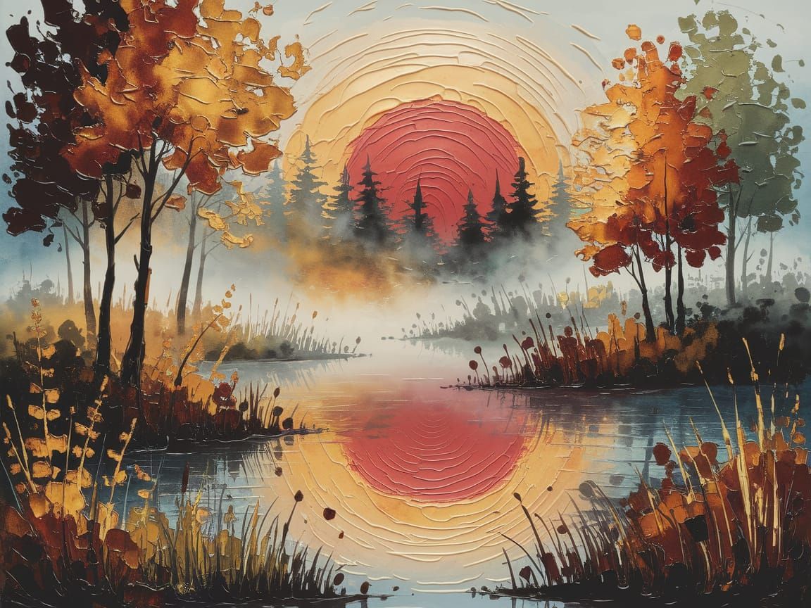 Embossed Sunrise Over Misty Autumn Pond