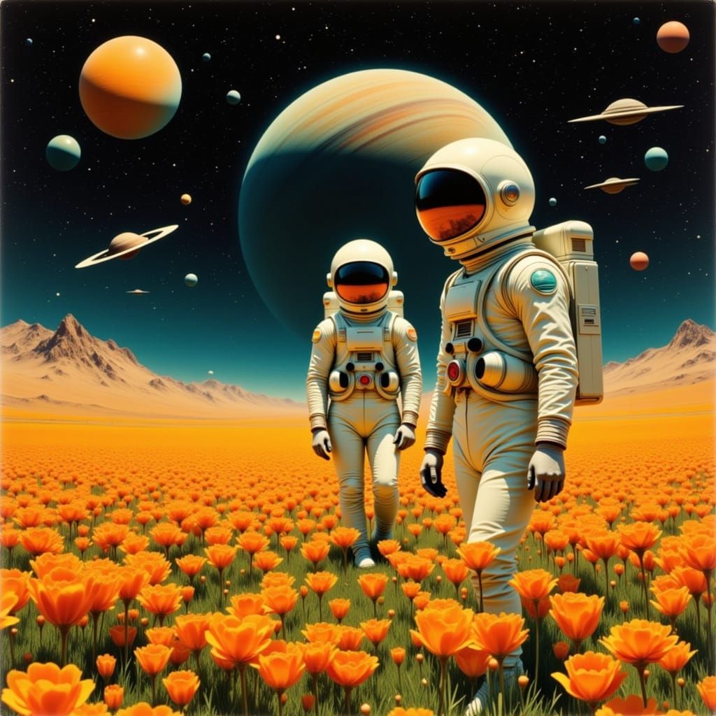 Astronaut in Glowing Meadow with Saturn in Deep Space