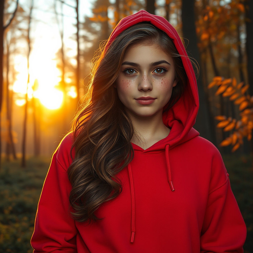 Teen Girl in Forest at Sunset, Digital Art