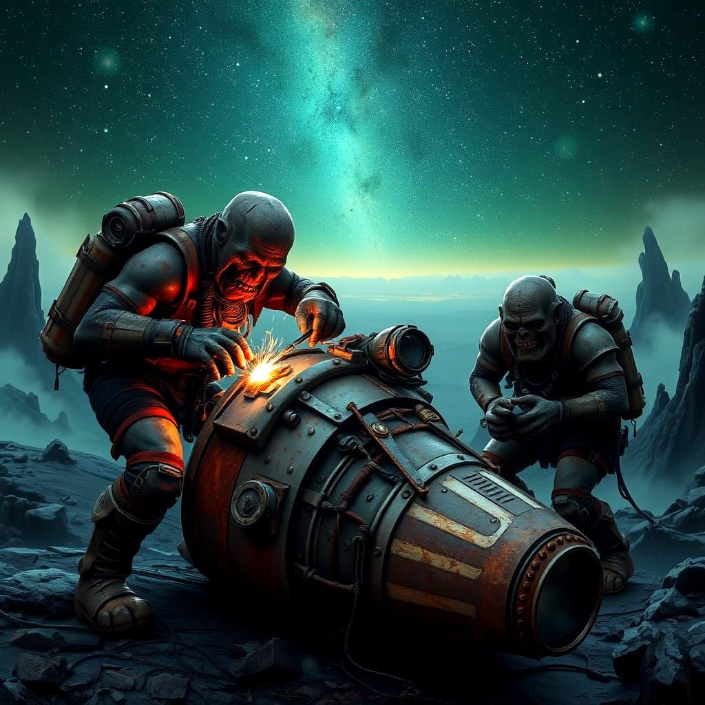 Orks in Spacesuits Repair Landing Module on Alien Planet in ...